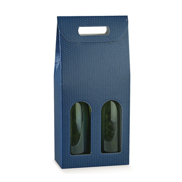 Modrá dárková krabice na dvě láhve vína.