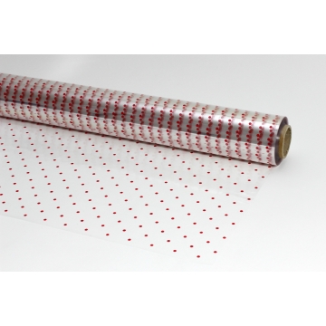 Transparentní celulózový celofán na roli s červeným puntíkovým vzorem, 30 mikronů.