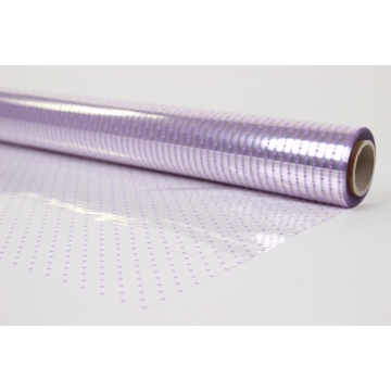 Transparentní dekorový celofán na roli s fialovým puntíkovým vzorem, 30 mikronů.