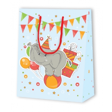 Dárková papírová taška modrá se slonem.