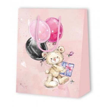 Dárková papírová taška růžová s medvídkem.