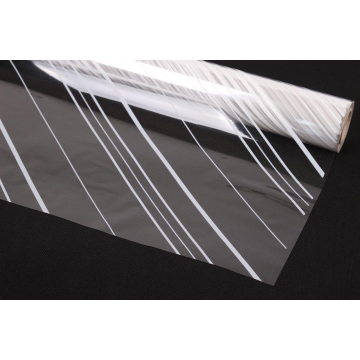 Transparentní celulózový celofán na roli dekor bílé pruhy, 30 mikronů.