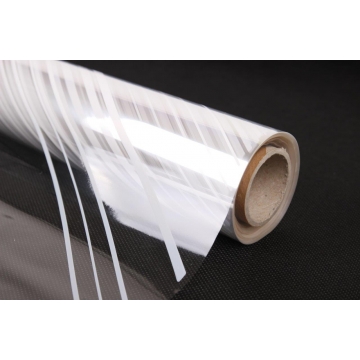 Transparentní celulózový celofán na roli dekor bílé pruhy, 30 mikronů.