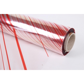 Transparentní celulózový celofán na roli dekor červené pruhy, 30 mikronů.