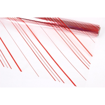 Transparentní celulózový celofán na roli dekor červené pruhy, 30 mikronů.